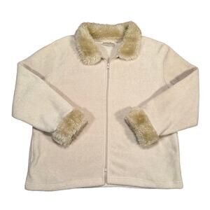 Vintage Faux Fur Trim Zip Fleece Jacket Women’s Cream Nick & Sarah 90s/2000s